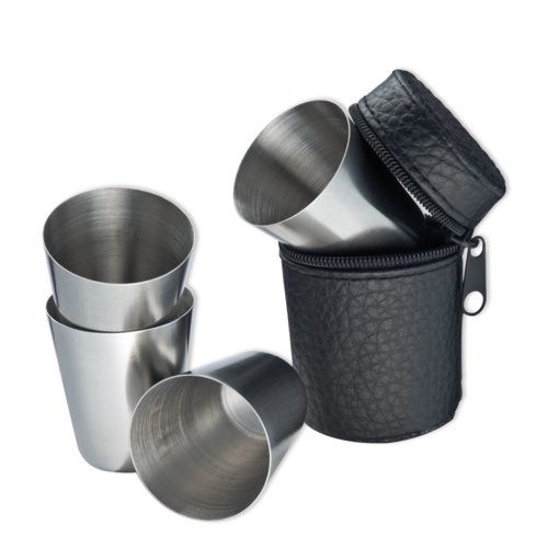 Schwarzes Edelstahl-Schnapsbecher-Set mit Hülle.