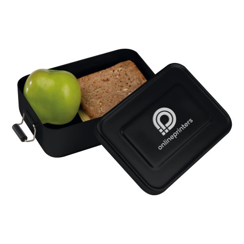 Schwarze Aluminium-Brotzeitdose mit Deckel und Verschluss.