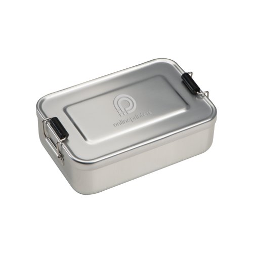 Silberne Aluminium-Brotzeitdose mit Deckel und Verschluss.