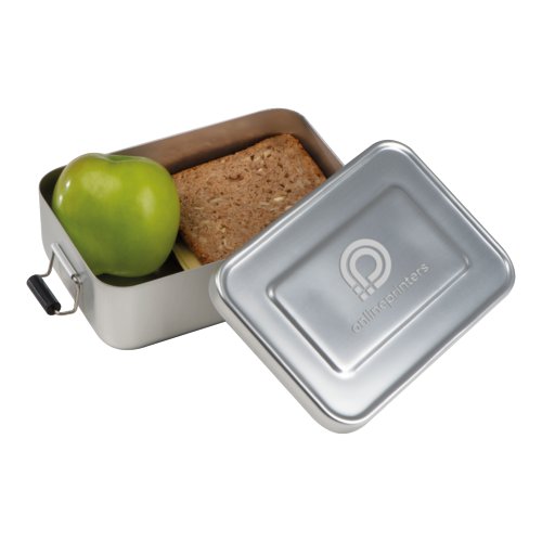 Graue Aluminium-Brotzeitdose mit Deckel und Verschluss.