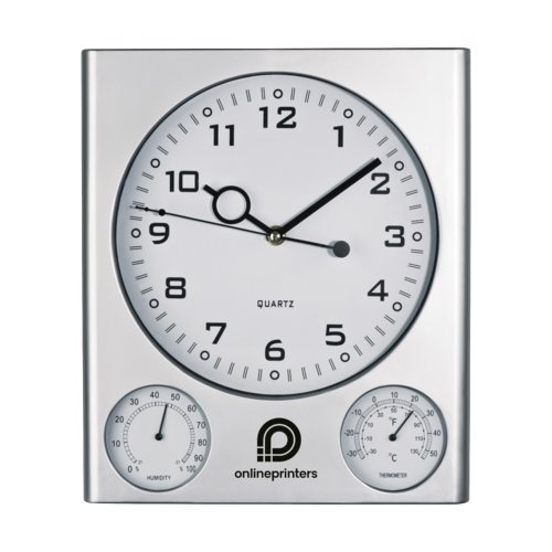 Silberne Kunststoff-Wanduhr mit analoger Anzeige und Thermometer/Hygrometer.