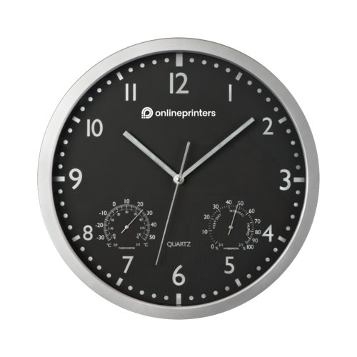 Schwarze Wanduhr mit Thermometer und Hygrometer.