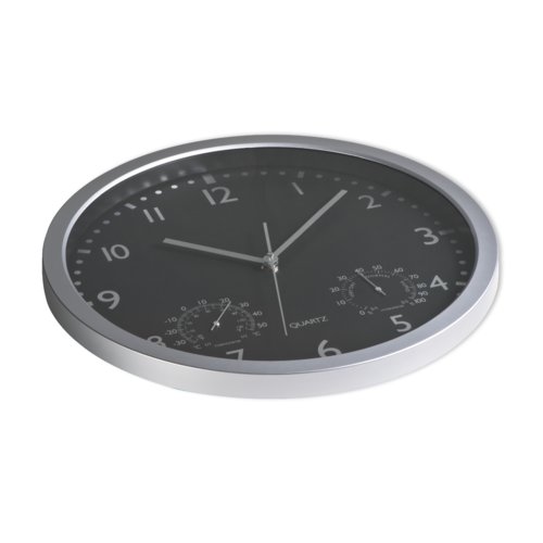 Schwarze Wanduhr mit Stunden-, Minuten- und Sekundenzeiger.