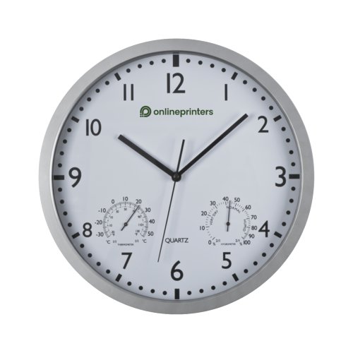 Weie Wanduhr mit Stunden-, Minuten- und Sekundenzeiger.