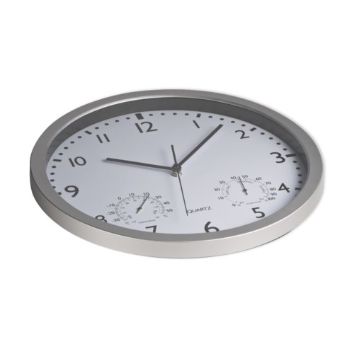 Weie Wanduhr mit silberfarbenem Rahmen und Temperaturanzeige.