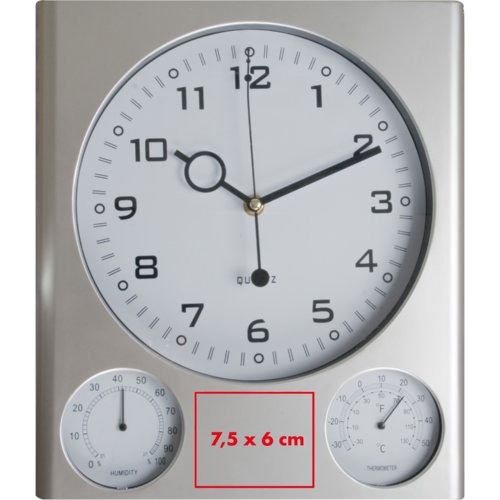 Silberne Kunststoff Wanduhr mit Thermometer und Hygrometer.