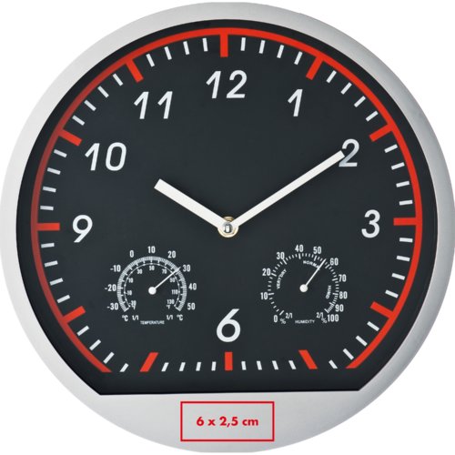 Silberne Wanduhr mit Temperatur- und Luftfeuchtigkeitsanzeige.