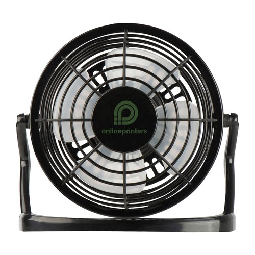 Schwarzer Tischventilator mit verstellbarem Neigungswinkel.