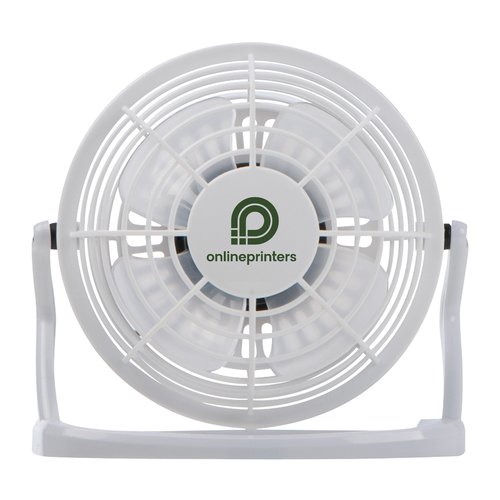 Weißer Tischventilator aus Kunststoff mit Schutzgitter.