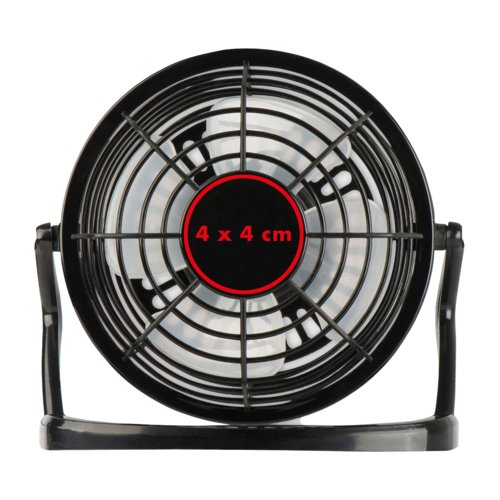 Schwarzer Tischventilator mit verstellbarem Neigungswinkel.