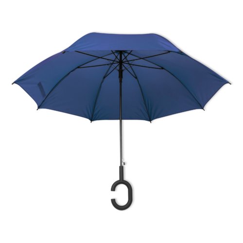 Blauer Regenschirm mit speziellem Griff.
