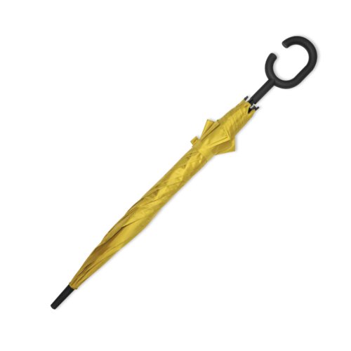 Gelber Stoff-Regenschirm mit speziellem Griff.