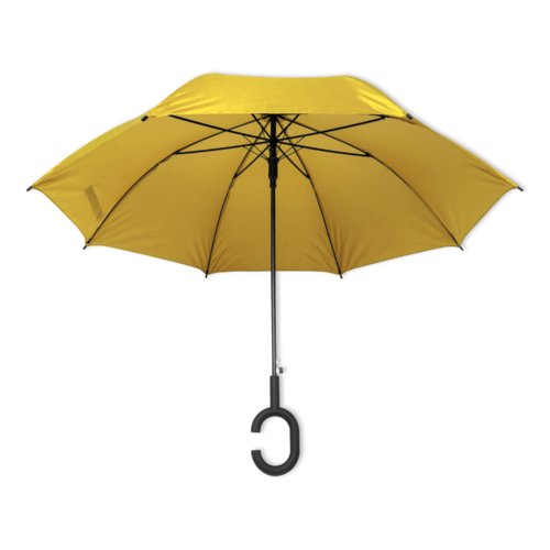 Gelber Regenschirm mit speziellem Griff.