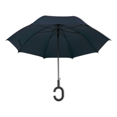Dunkelblauer Regenschirm mit speziellem Griff.