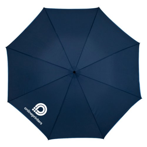 Blauer Automatik-Regenschirm mit Muster und komfortablem Griff.