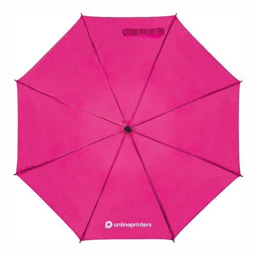 Pinkfarbener Automatik-Schirm mit Holzgriff und passender Schutzh�lle.