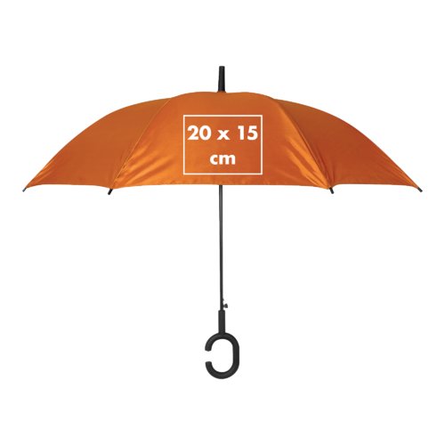 Orangefarbener Regenschirm mit speziellem Griff.