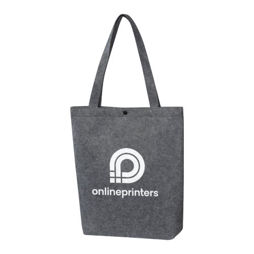 Graue Filztasche mit Knopfverschluss und Tragehenkeln.