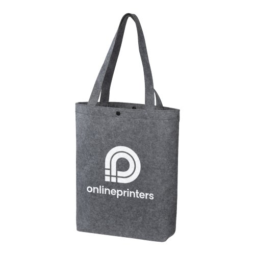 Graue Filztasche mit Druckknopfverschluss und Tragehenkeln.