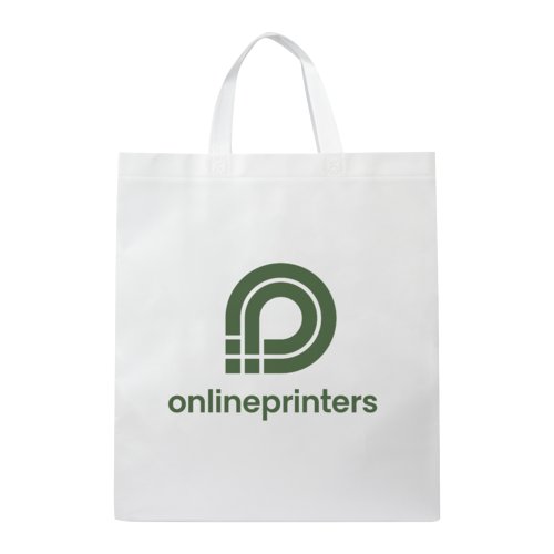 Weie, laminierte Vliesstoff-Tasche mit Tragegriffen.