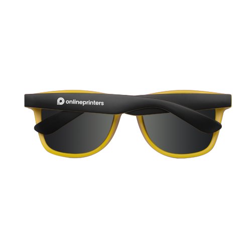 Gelbe Kunststoff-Sonnenbrille im klassischen Design.