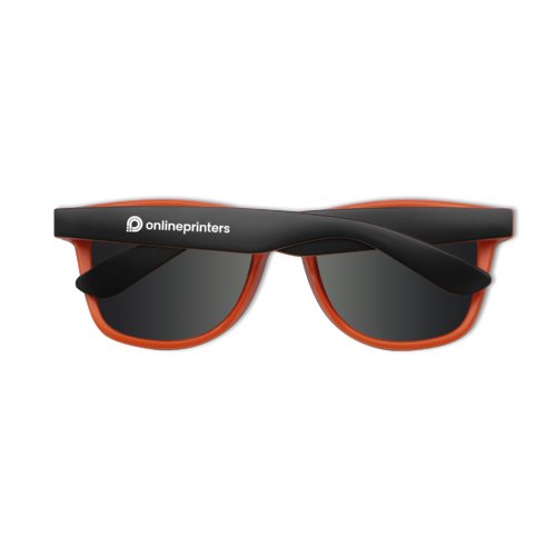 Orangefarbene Sonnenbrille mit dunklen Glsern.