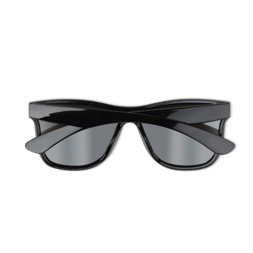 Schwarze Kunststoff-Sonnenbrille im Wayfarer-Stil.