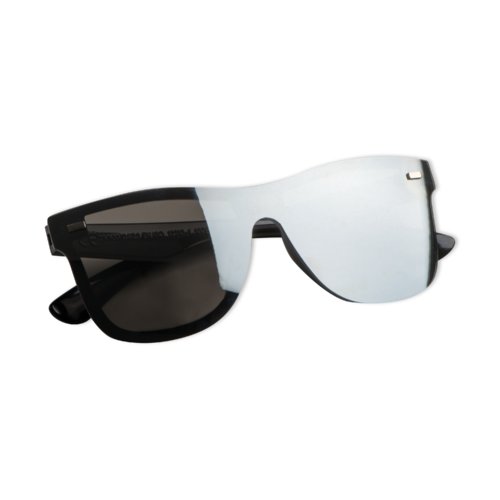 Schwarze Kunststoff-Sonnenbrille mit verspiegelten Glsern.