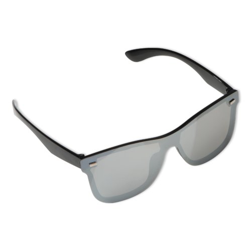 Schwarze Kunststoff-Sonnenbrille mit verspiegelten Glsern.