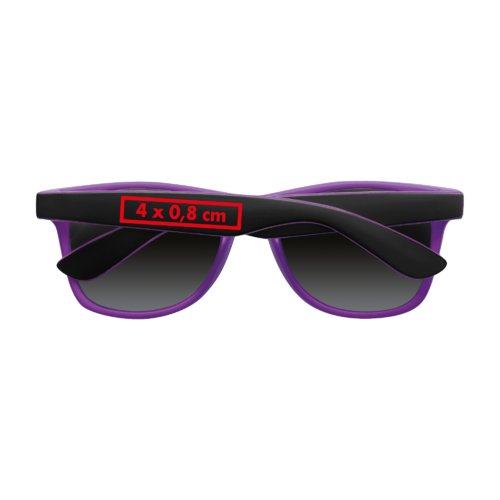 Lila Kunststoff-Sonnenbrille mit dunklen Glsern.