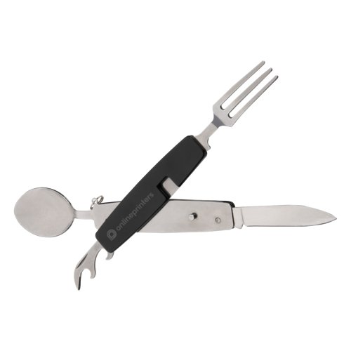 Schwarzes Campingbesteck aus Metall mit Messer, Gabel, Lffel und Dosenffner.