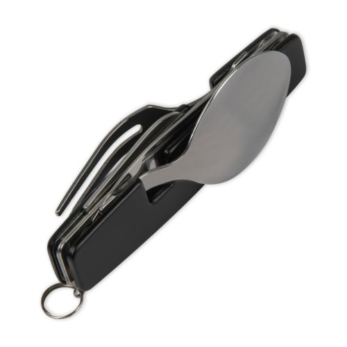 Schwarzes Campingbesteck aus Metall mit klappbarem Messer, Gabel und Lffel.