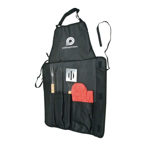 Schwarze Grillschrze mit verstellbarem Nackenband und Taschen.