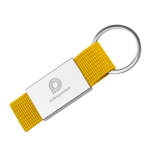 Gelber Textil-Schlüsselanhänger mit Metallring.