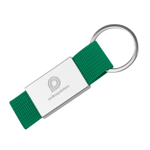Grüner Stoff-Schlüsselanhänger mit Metallring.