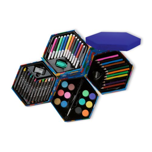 Malset mit Stiften, Farben und Zubehör in einer Box.