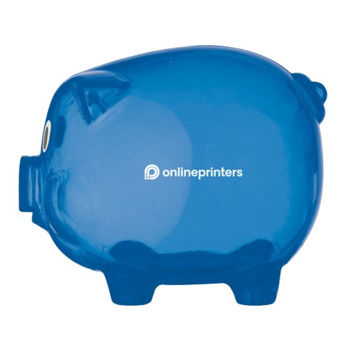 Blaue Spardose in Schweinchenform aus Kunststoff.
