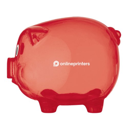 Rotes Kunststoff-Sparschwein mit Einwurfschlitz und Verschluss.