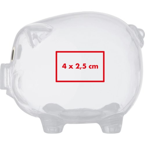 Transparentes Sparschwein aus Kunststoff mit Einwurfschlitz.