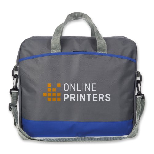 Blaue Laptoptasche aus Polyester mit Tragegriffen und Schultergurt.