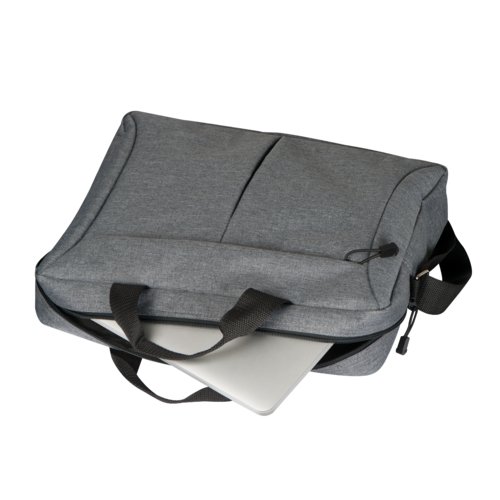 Graue Laptop-Tasche mit Reiverschluss und Tragegriffen.