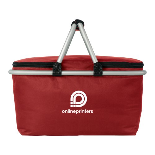 Roter Einkauskorb mit Khlfunktion und Tragegriffen.