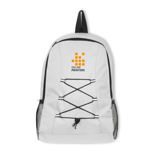 Wei�er Rucksack aus Polyester mit Kordelzug und Netzseitentaschen.
