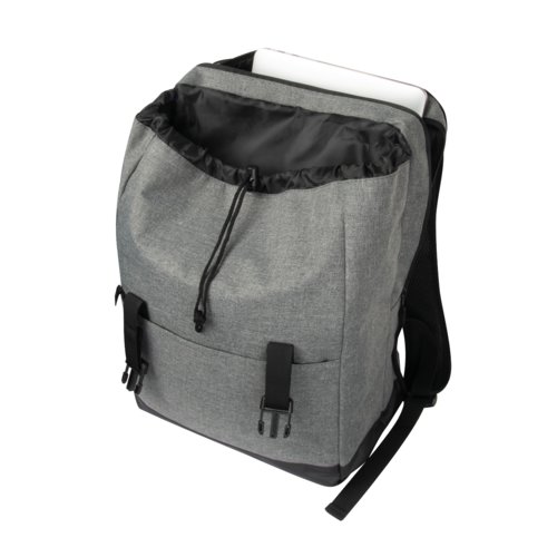 Grauer Rucksack mit verstellbaren Trgern und Kordelzug.