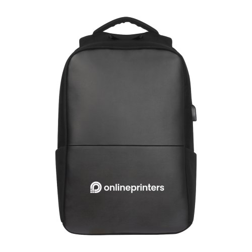 Schwarzer Rucksack aus Polyester mit USB-Anschluss.