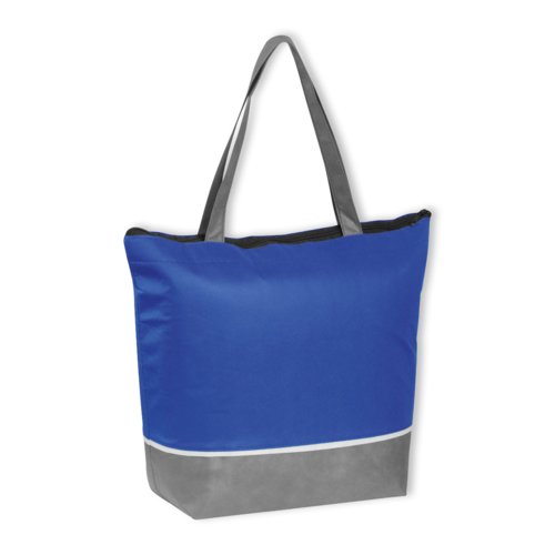 Blaue K�hltasche aus Vliesstoff mit Tragegriffen.