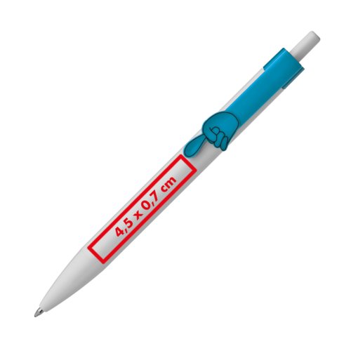 Weier Kunststoff-Kugelschreiber mit farbigem Clip und Druckmechanismus.