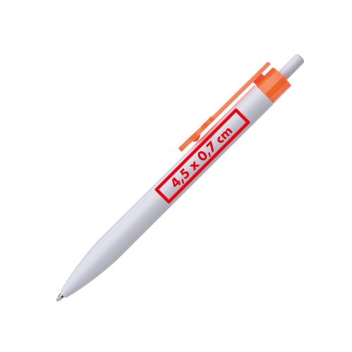 Weier Plastik-Kugelschreiber mit orangenem Clip und Druckmechanismus.