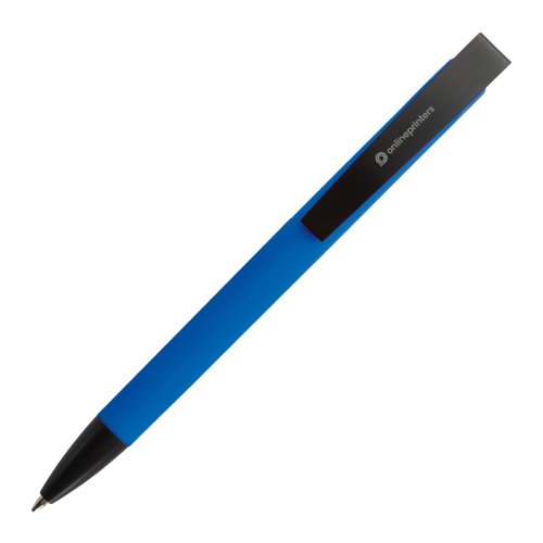 Blauer Kugelschreiber mit Clip und Druckmechanismus.