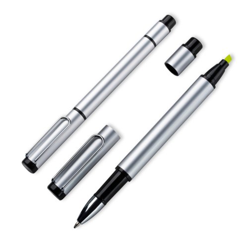 Grauer Metall-Doppelstift mit Kugelschreiber und Textmarker.